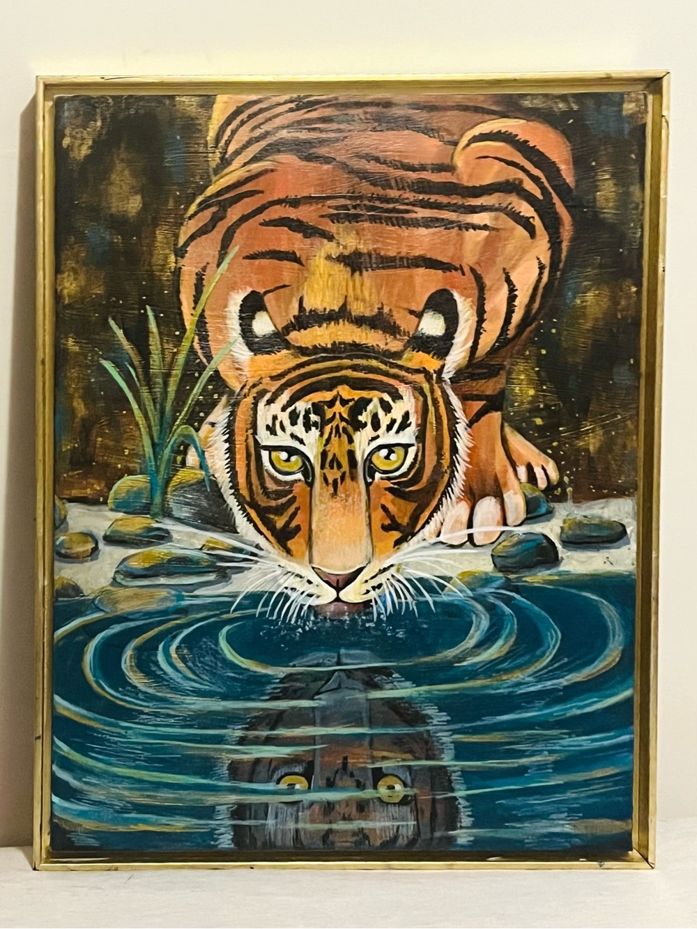 Striking Tiger Drinking Canvas Art - Orange and Blue Wall Accent